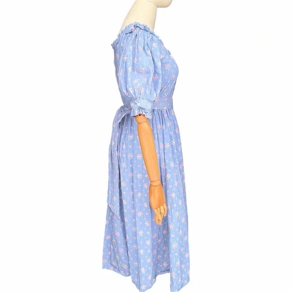 RARE Laura Ashley Blue Floral Cotton Puff Sleeve Cottagecore Prairie Midi Dress - Picture 5 of 10